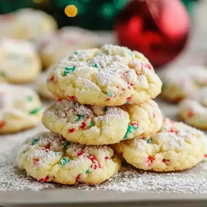 A plate full of powdered sugar cookies with festive sprinkles, red ornaments, and blurred holiday decor.