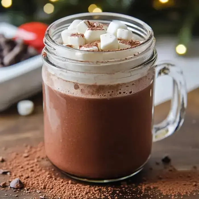 A jar of hot chocolate topped with whipped cream and marshmallows, surrounded by chocolate bits and cocoa powder.