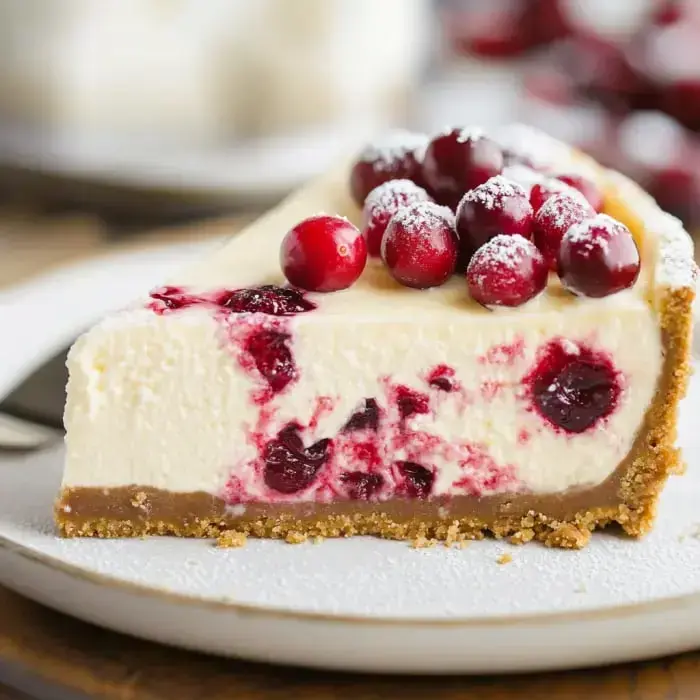 Creamy cheesecake slice topped with cranberries and powdered sugar.