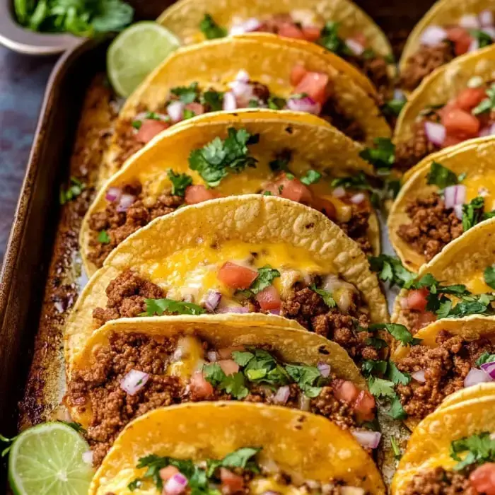 A vibrant display of baked tacos loaded with seasoned meat, melted cheese, and fresh veggies, served with lime and cilantro garnish.