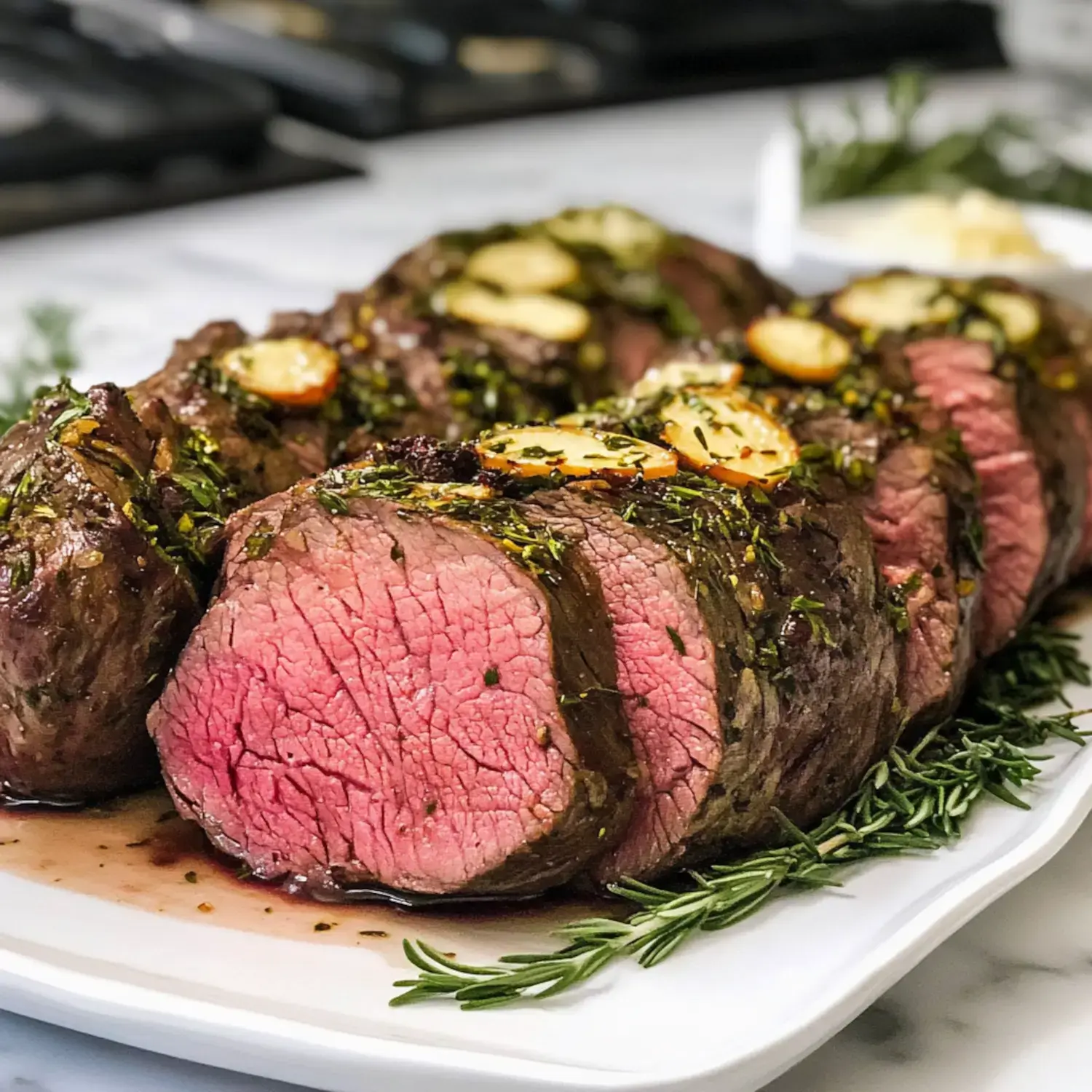 A tender beef roast flavored with garlic and herbs, beautifully plated on white with garnish.