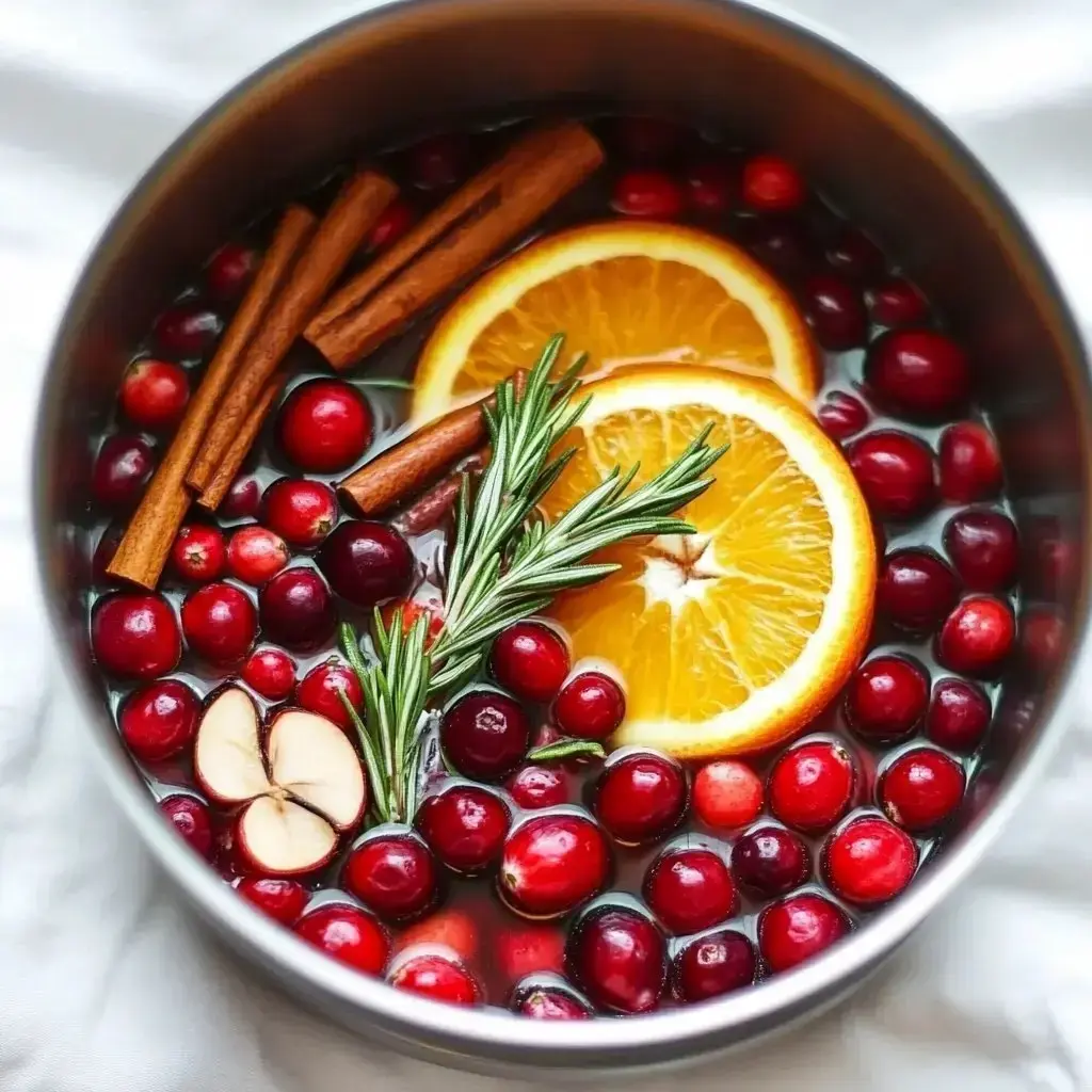 A pot of simmering cranberries, orange slices, cinnamon sticks, and rosemary in water.