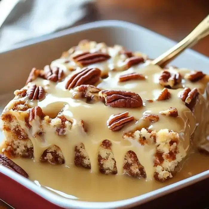 A serving of pecan cake with caramel sauce and nuts on top.