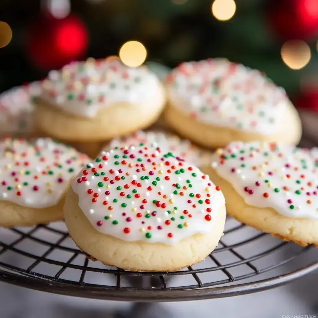 Close-up of sugar cookies with white frosting and bright sprinkles on a wire rack. A festive, cozy background adds charm.