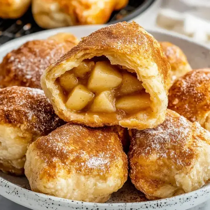 Golden pastries sprinkled with sugar, one split open showing cinnamon-spiced apple chunks.