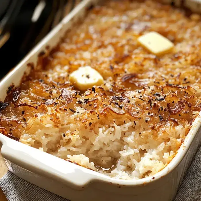 A baked rice dish that’s golden and crispy on top, with two pats of butter as garnish.