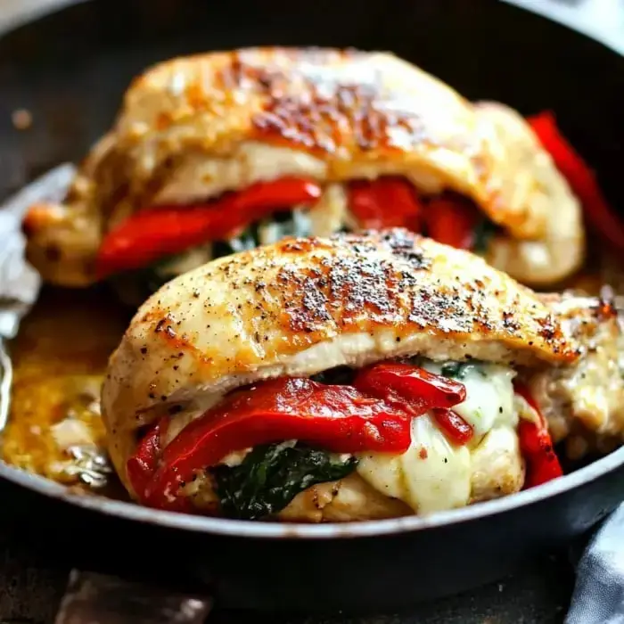Juicy stuffed chicken filled with mozzarella, roasted peppers, and spinach, cooked in a skillet.