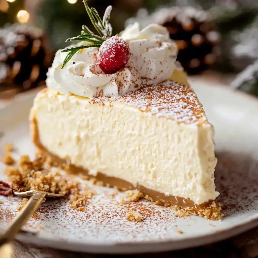 A rich eggnog cake slice decorated with whipped cream, rosemary, and cranberries, dusted in powdered sugar on a festive plate.