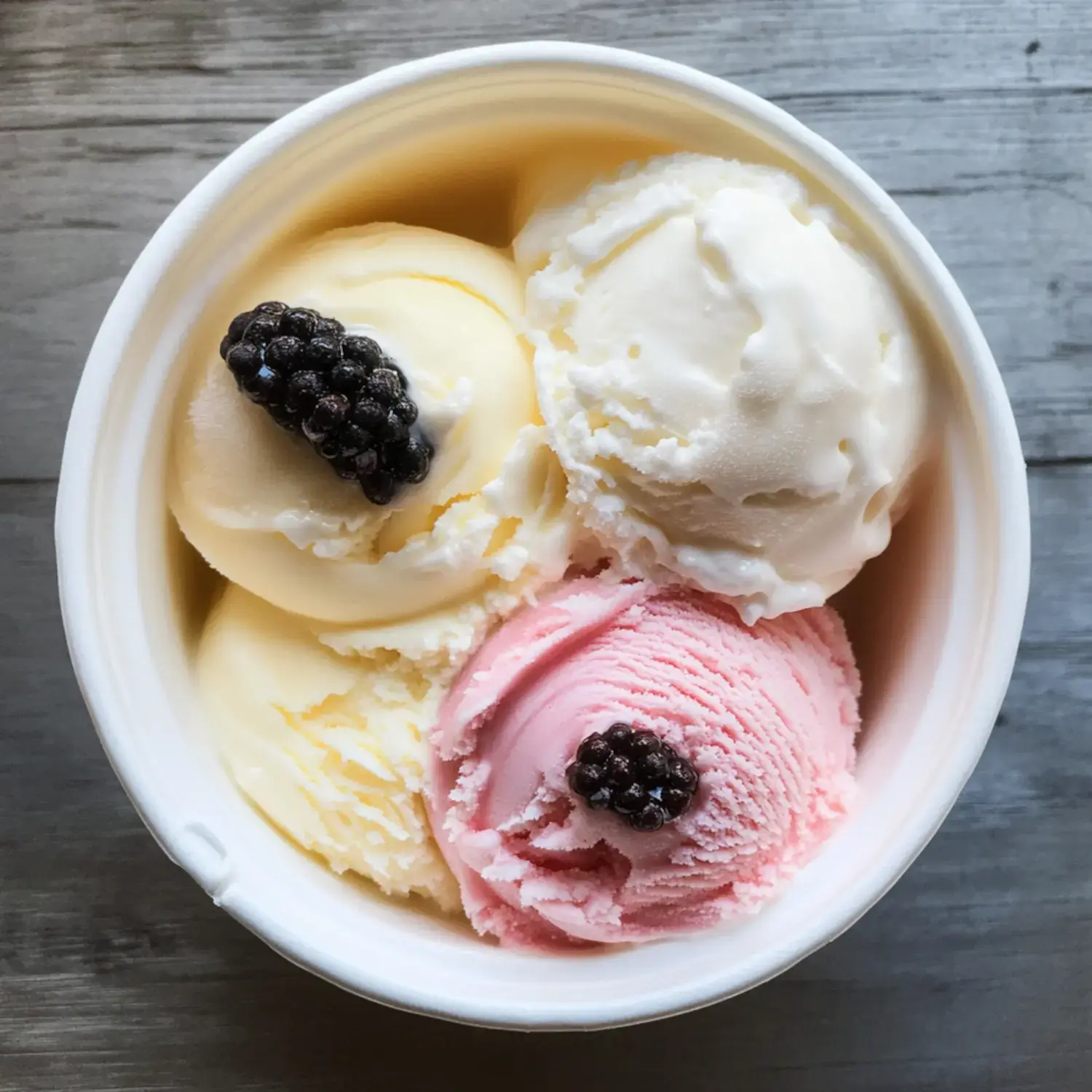 A bowl with three colorful ice cream scoops (yellow, white, and pink), topped with a single blackberry each.