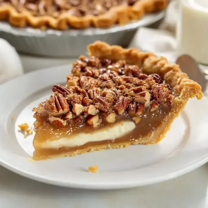 A creamy slice of pecan pie sitting on a plate with visible layers and crunchy toppings.