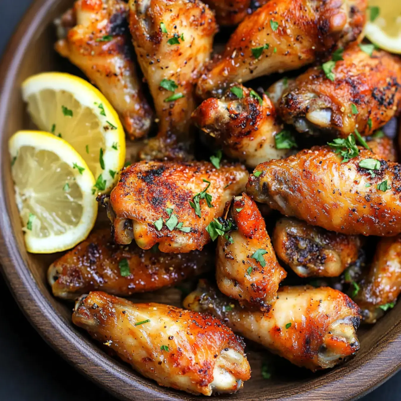 A plate of crispy chicken wings garnished with herbs and lemon slices on the side.