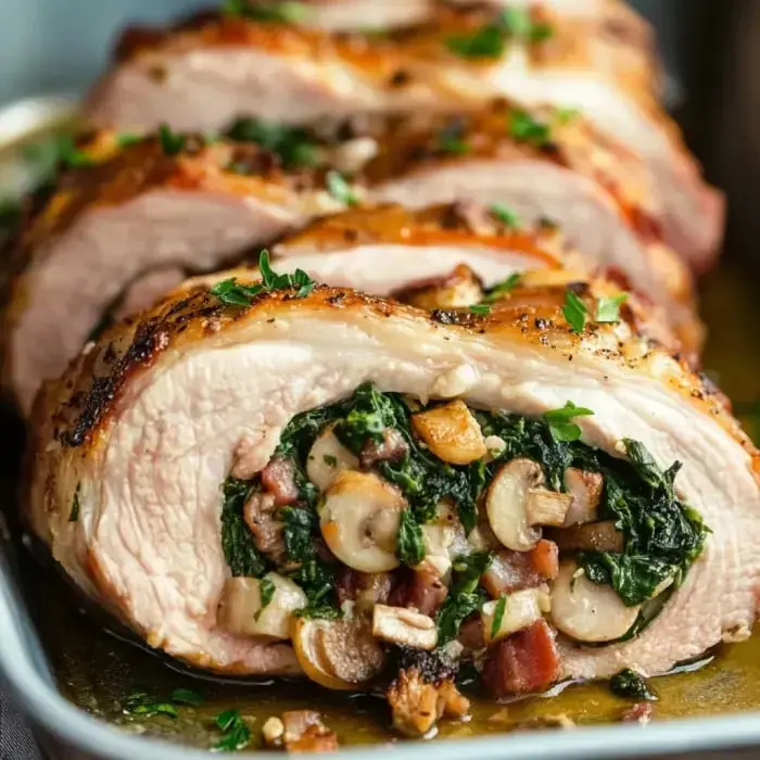 Slices of pork roll filled with spinach, bacon, and mushrooms, topped with parsley.