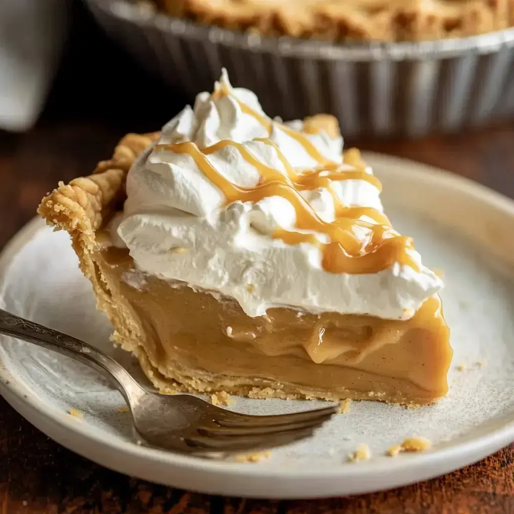 A fork rests next to a caramel-drizzled creamy pie slice crowned with whipped topping.