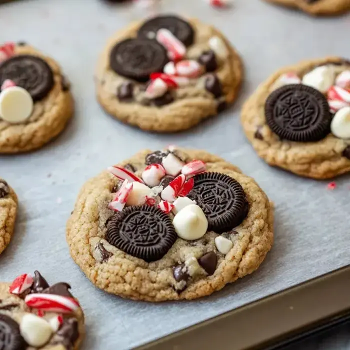 Freshly baked cookies with Oreo bits, white chocolate, and peppermint candy on a sheet pan.