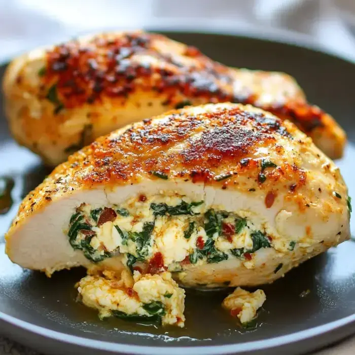 Golden chicken rolls cut to show cheese and spinach filling, served on a plate.