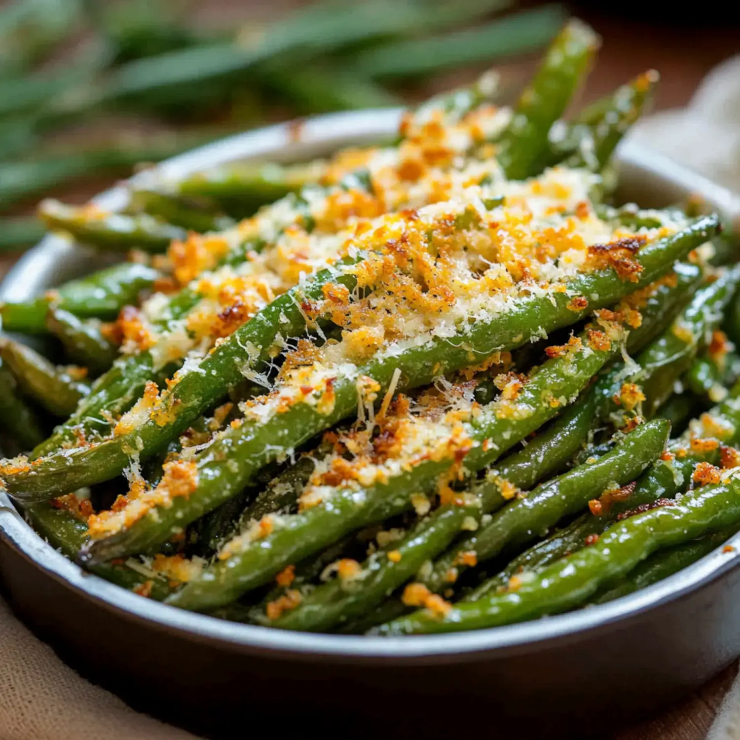 A bowl filled with roasted green beans, crunchy crumbs, and melted parmesan topping.