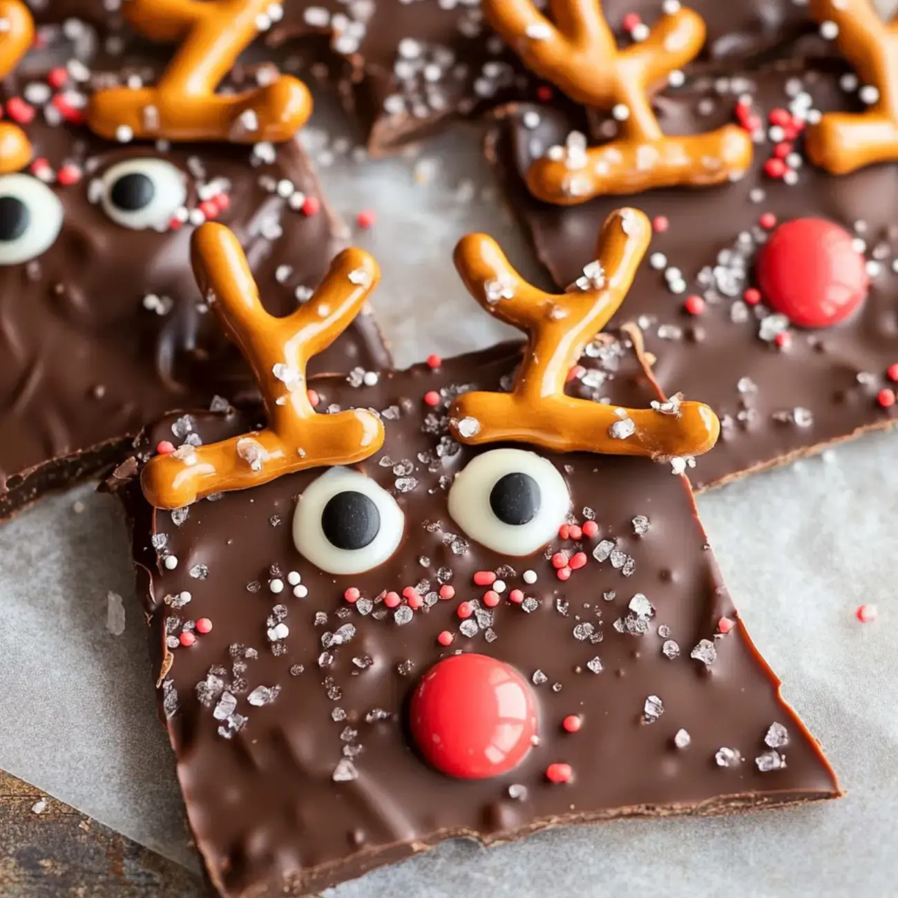 Chocolate treats shaped like reindeer with pretzel antlers, candy eyes, and colorful noses.