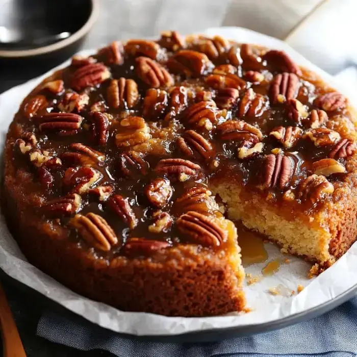 A soft pecan caramel cake with one slice removed, sitting on parchment paper.