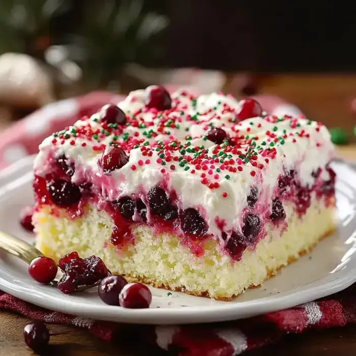A piece of cranberry cake with cream frosting, topped with cranberries and sprinkles on a white plate.