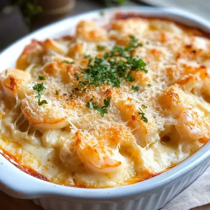 Cheesy shrimp bake with herbs and breadcrumbs on top.