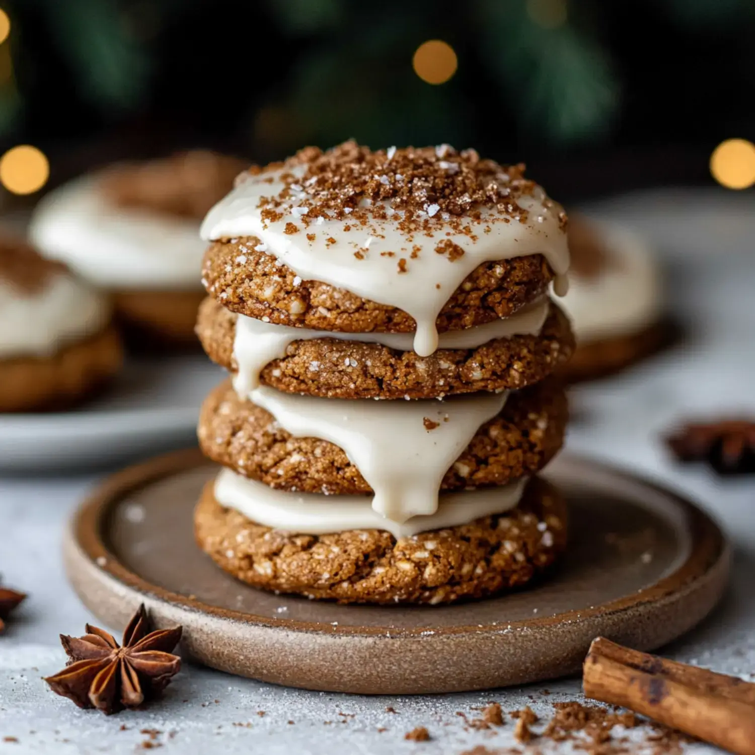Four iced cookies stacked on a gray plate, surrounded by cinnamon sticks and star anise.