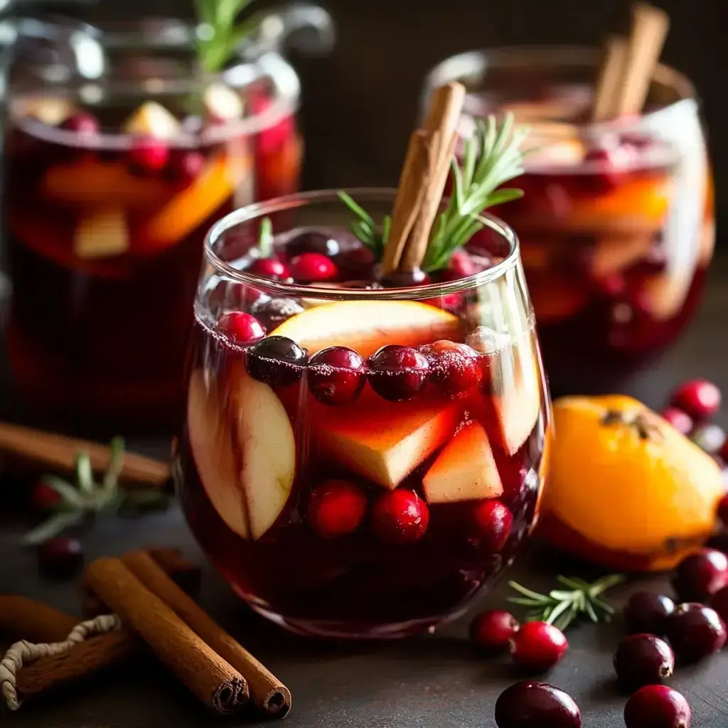 A vibrant glass of sangria with apple slices, cranberries, cinnamon sticks, and surrounding ingredients on a dark surface.