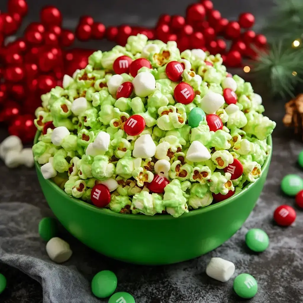 A big green bowl filled with green popcorn, red and white M&Ms, and mini marshmallows, surrounded by red holiday decor.