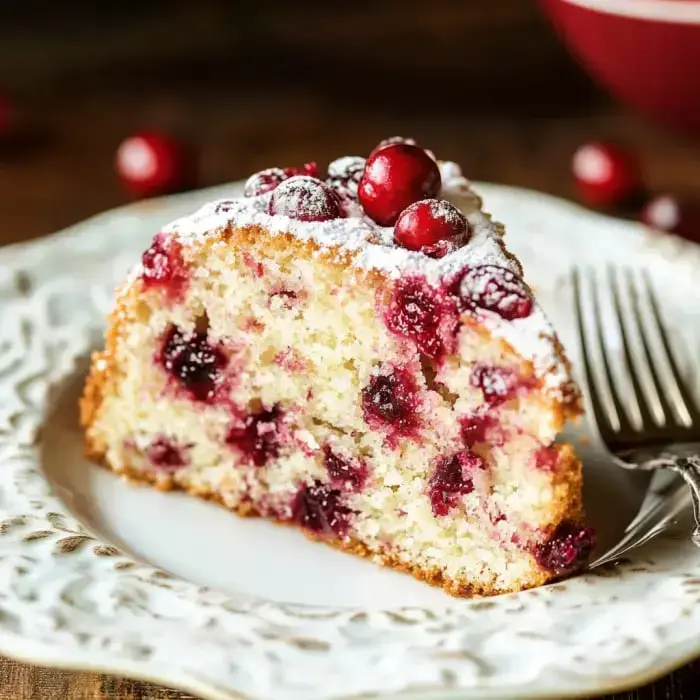 A single cranberry-studded cake slice topped with powdered sugar sits on an elegant plate next to a fork.