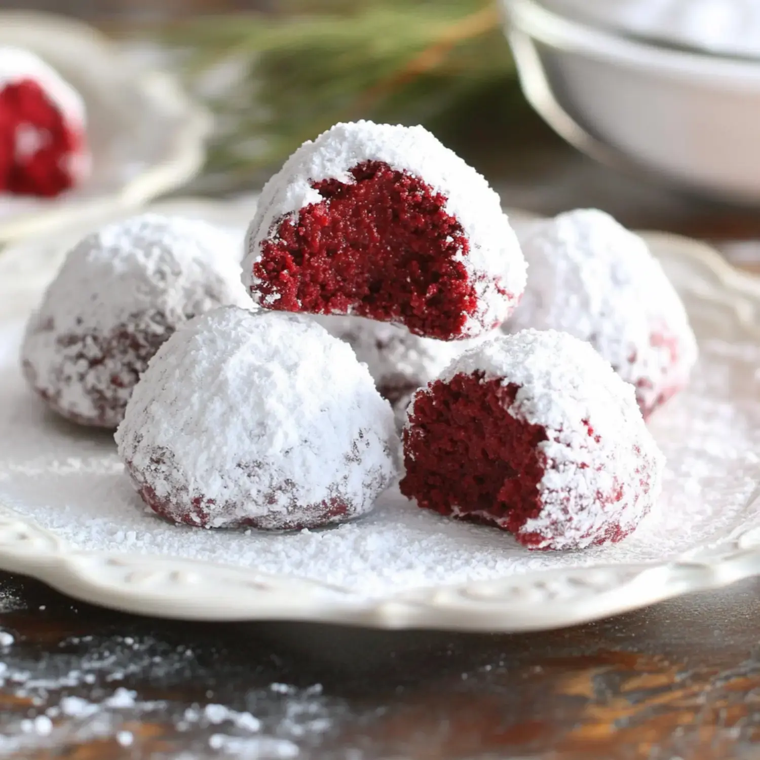 Soft velvety cookies topped with powdered sugar, with one cookie bitten to show its red interior.