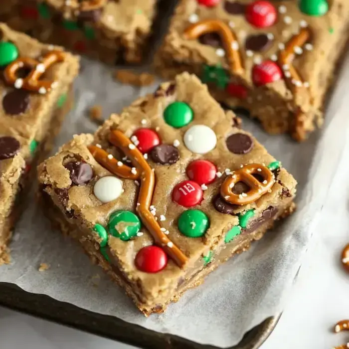 Festive cookie bars topped with colorful candies, pretzel pieces, and chocolate spread out on parchment paper.
