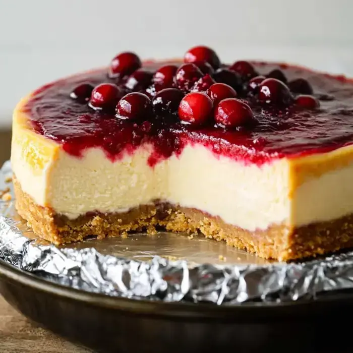 A rich cheesecake topped with cranberry swirl, with a slice removed to show the creamy layers.