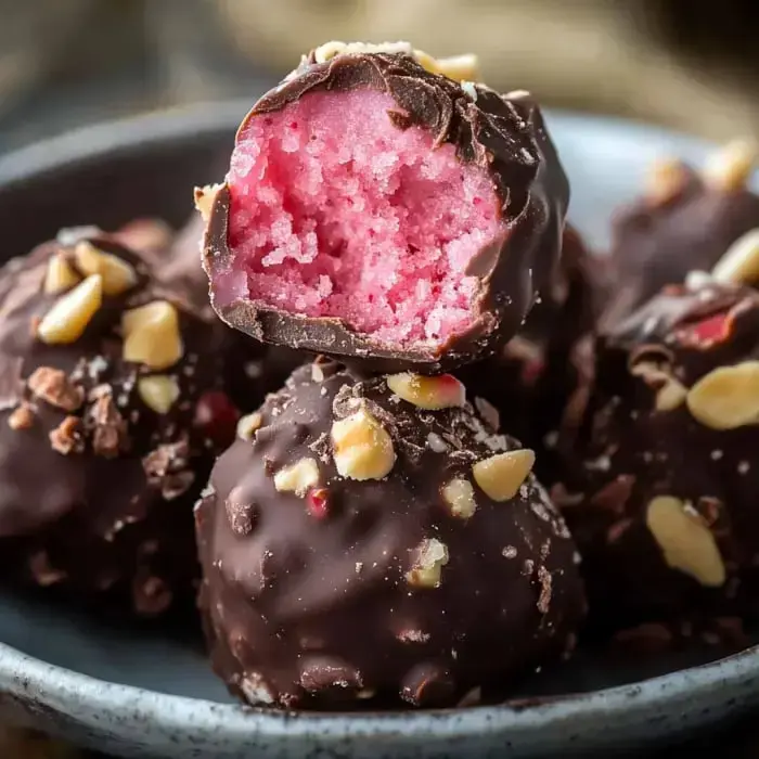 Close-up of truffles coated in chocolate with nuts on top, one split open to reveal the pink cherry filling.