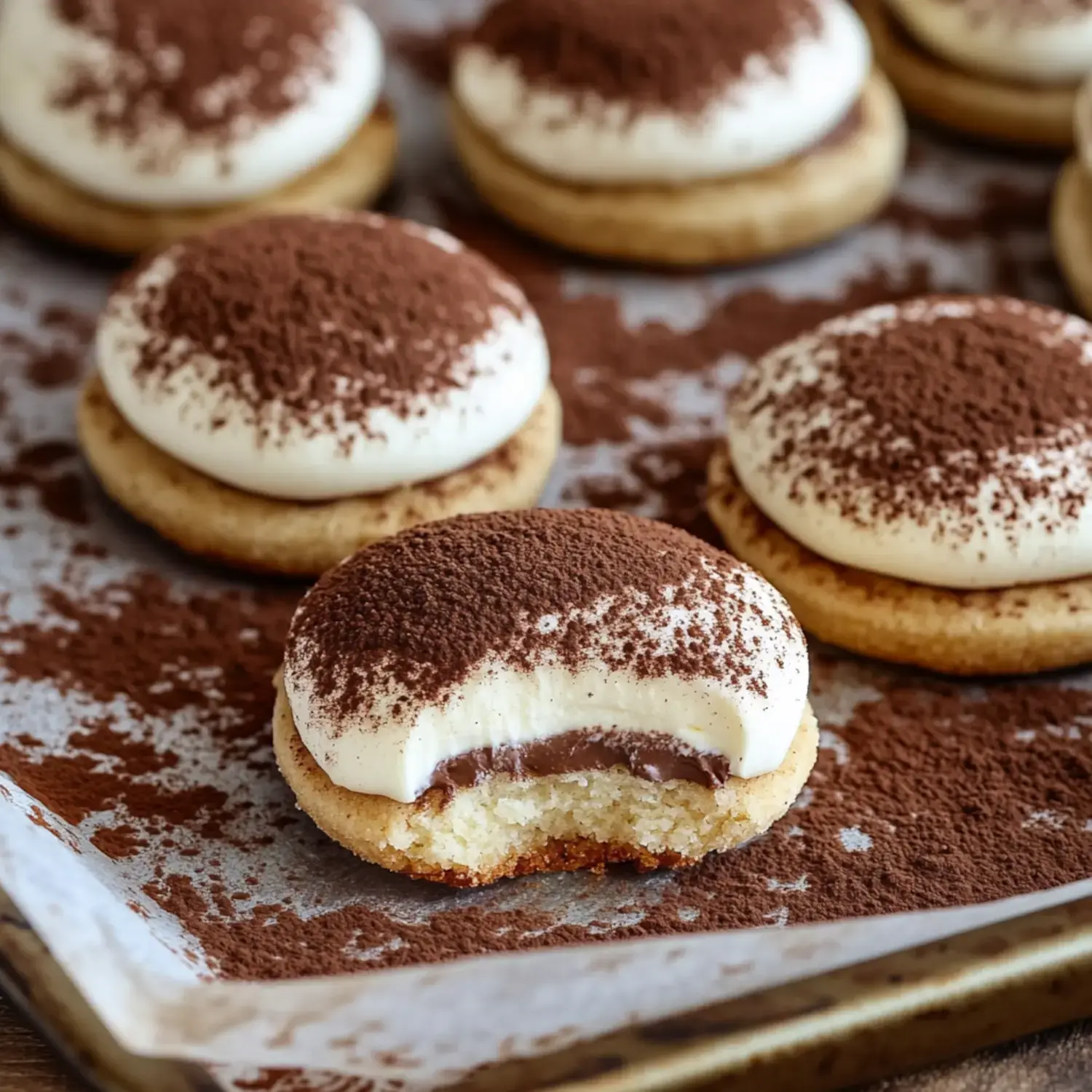 Close-up of cookies covered in cream and cocoa with a bite revealing chocolate filling inside.