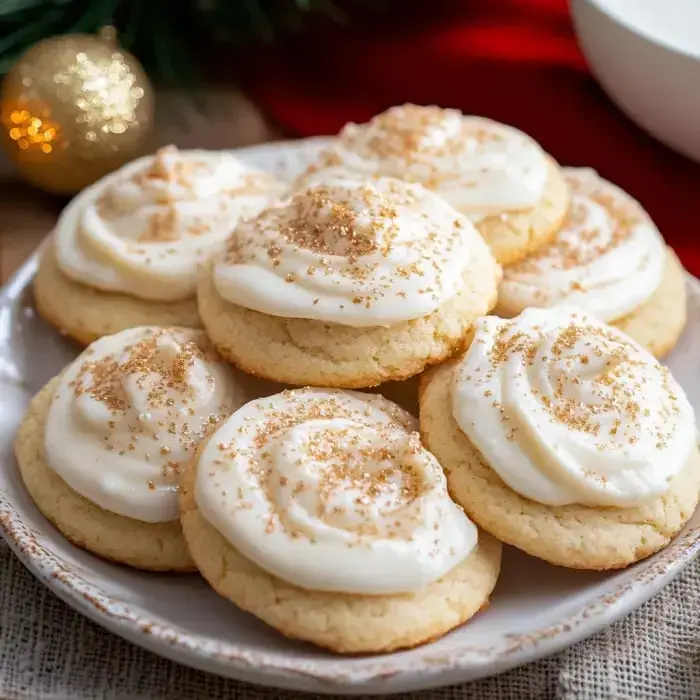 Fresh homemade cookies spread with cream frosting and sprinkled with nutmeg on a plate.