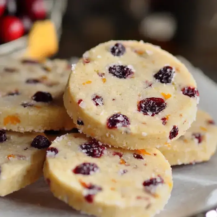 Close-up of round cookies with cranberries and orange pieces, sprinkled with sugar, on a white background.