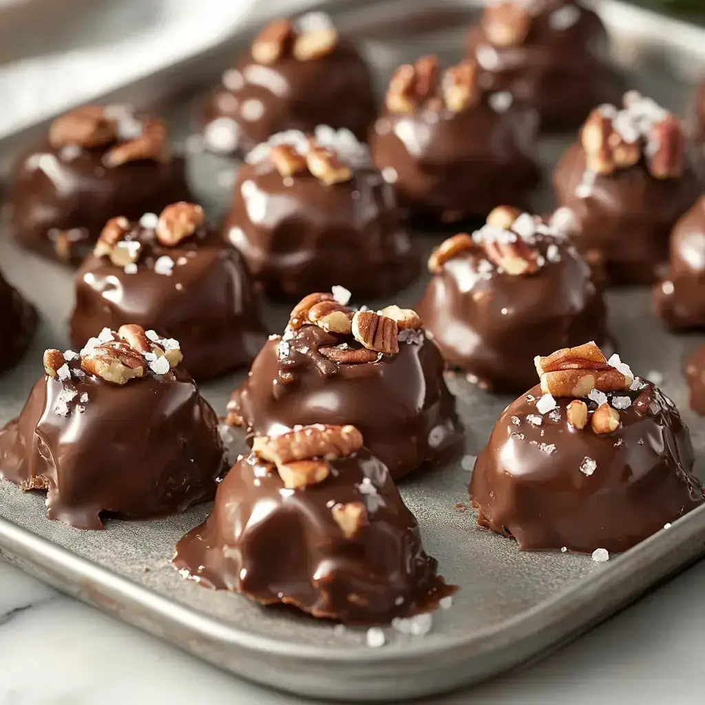 A platter of caramel-filled chocolate bites topped with pecans.