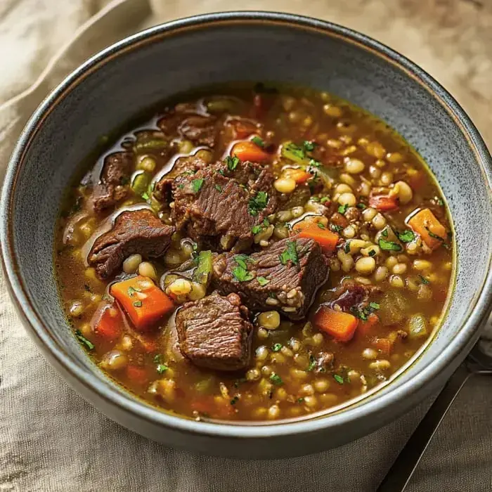 A delicious bowl of beef stew with barley and veggies, topped with fresh herbs.