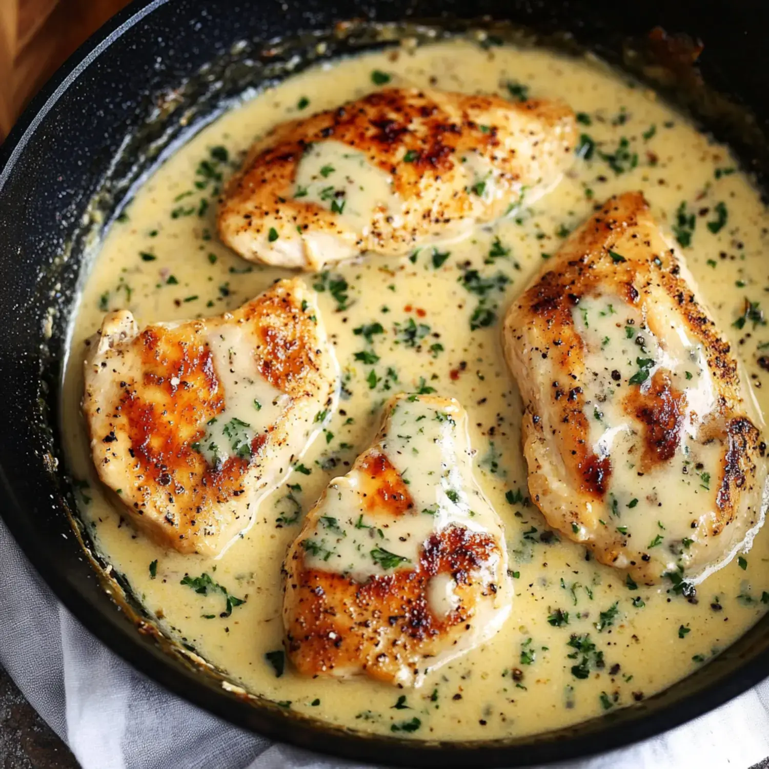 Browned chicken in a creamy sauce in a pan, topped with fresh herbs.