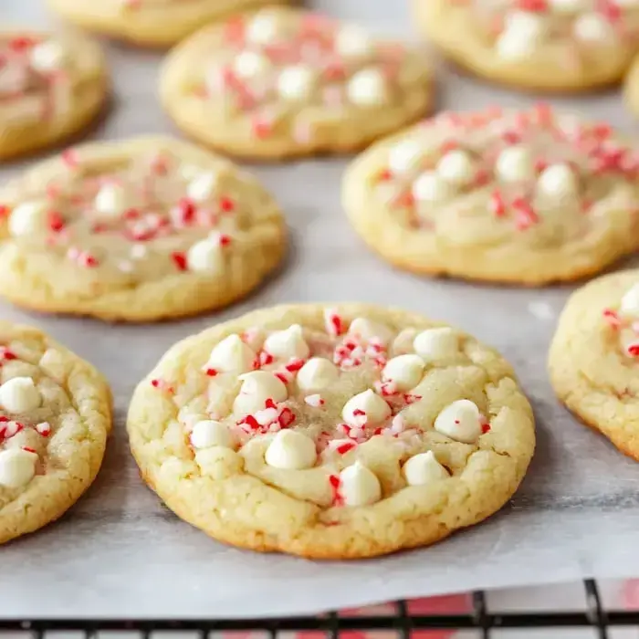 Close-up of chewy cookies with white chocolate and peppermint on parchment paper.