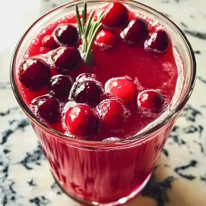 A glass filled with ruby red cranberry juice, topped with fresh cranberries and a slice of rosemary.