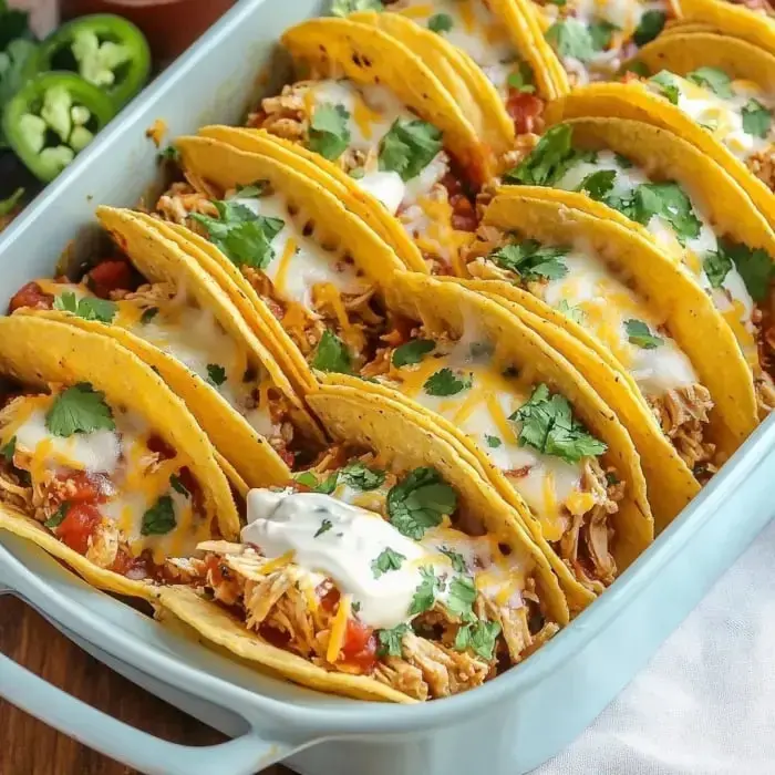 A casserole dish packed with tacos filled with shredded chicken, gooey cheese, diced tomatoes, and fresh cilantro garnish.