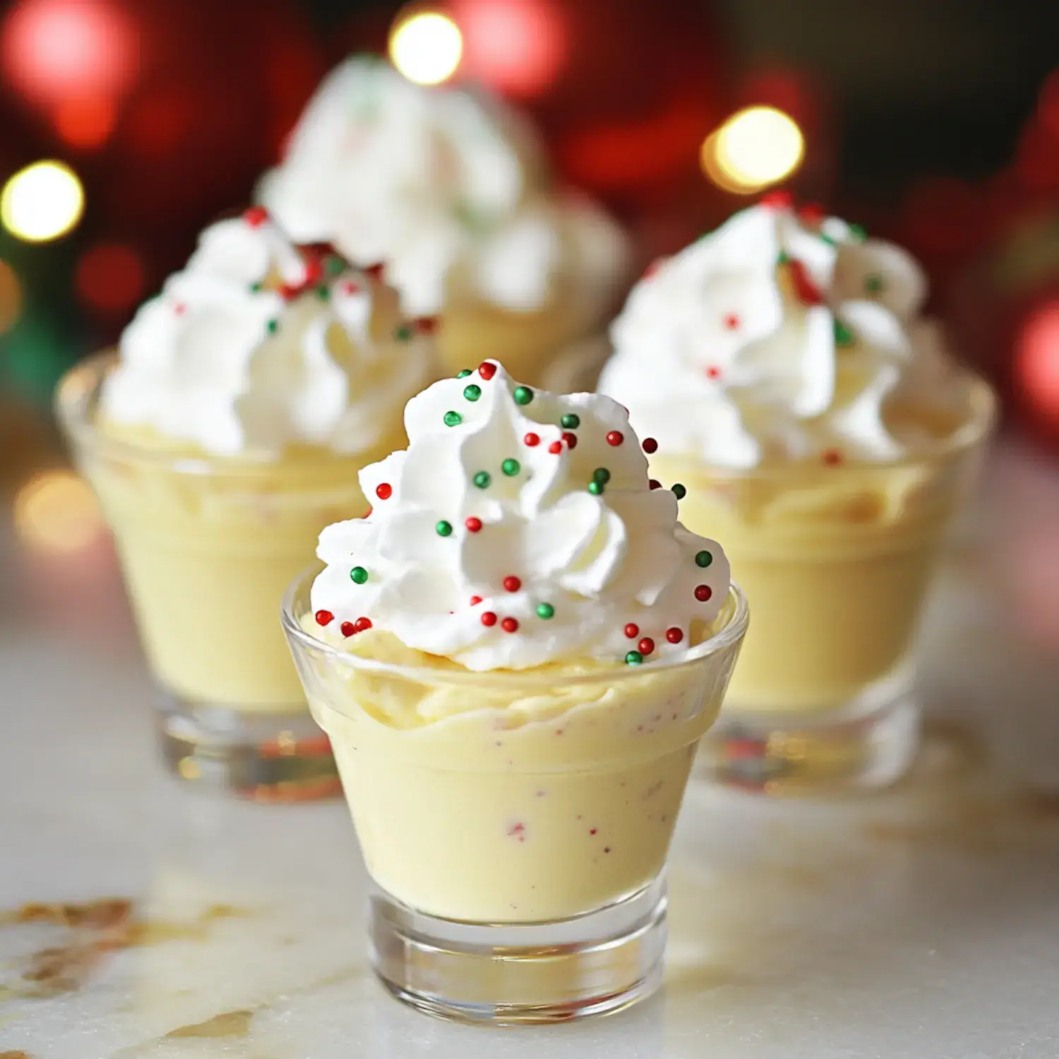 Three festive small cups filled with pale yellow pudding, finished with whipped cream and holiday-themed sprinkles.