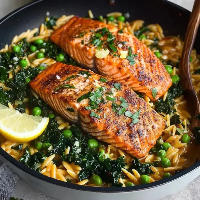 A pan featuring creamy orzo, kale and peas, topped with salmon fillets, fresh herbs, and lemon slices.
