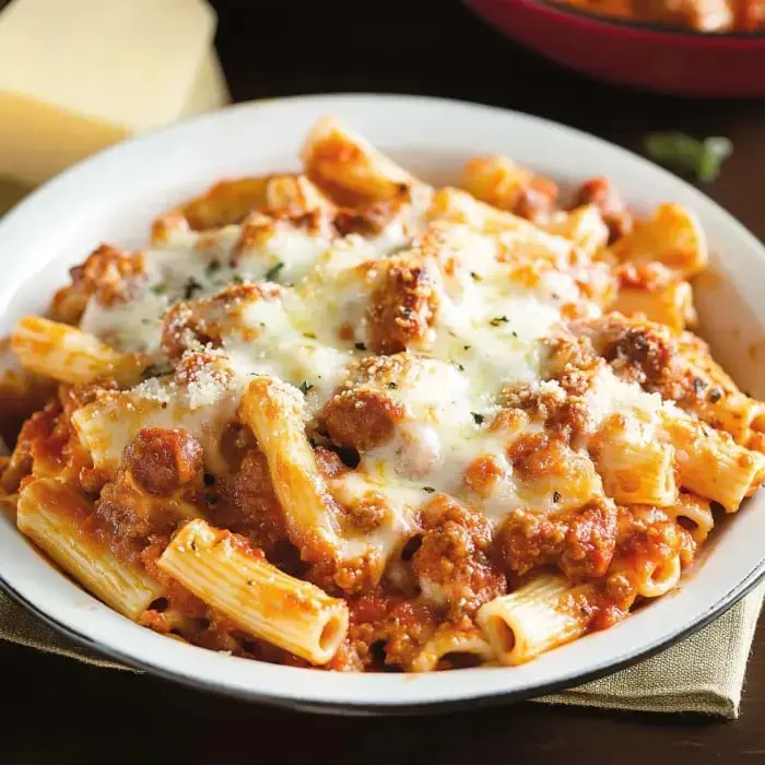 A bowl of rigatoni pasta with meaty sauce, gooey cheese, and grated topping.