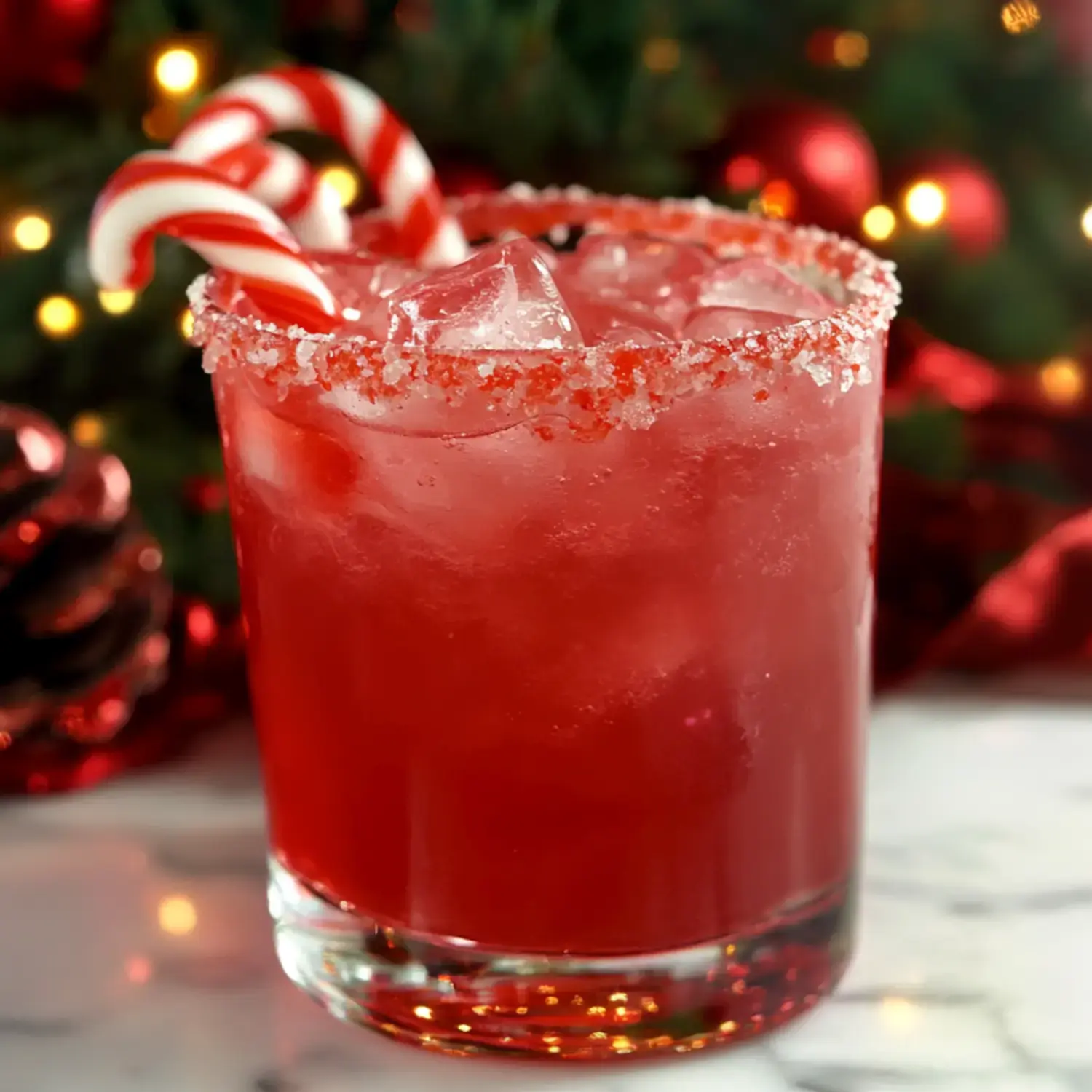 A vibrant red holiday drink in a sugared rim glass garnished with candy canes, with a cozy holiday background.