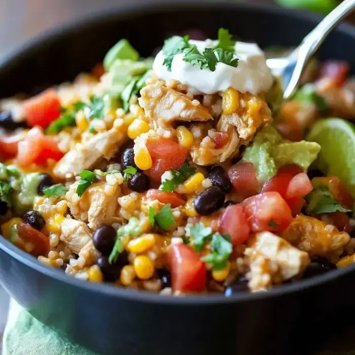 Close-up of a hearty chicken burrito bowl with rice, beans, cheese, avocado, sour cream, and cilantro.