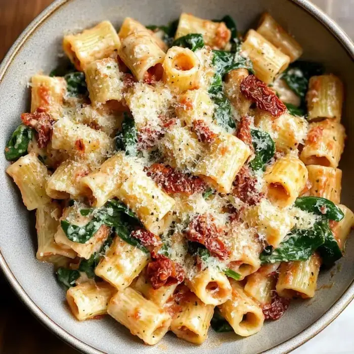 A bowl of pasta topped with spinach, sun-dried tomatoes, and grated cheese, served warm.