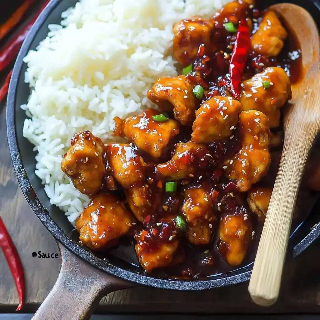 Plated crispy chicken in a glossy, sweet-spicy glaze served with white rice, garnished with green onions and dried chili flakes.