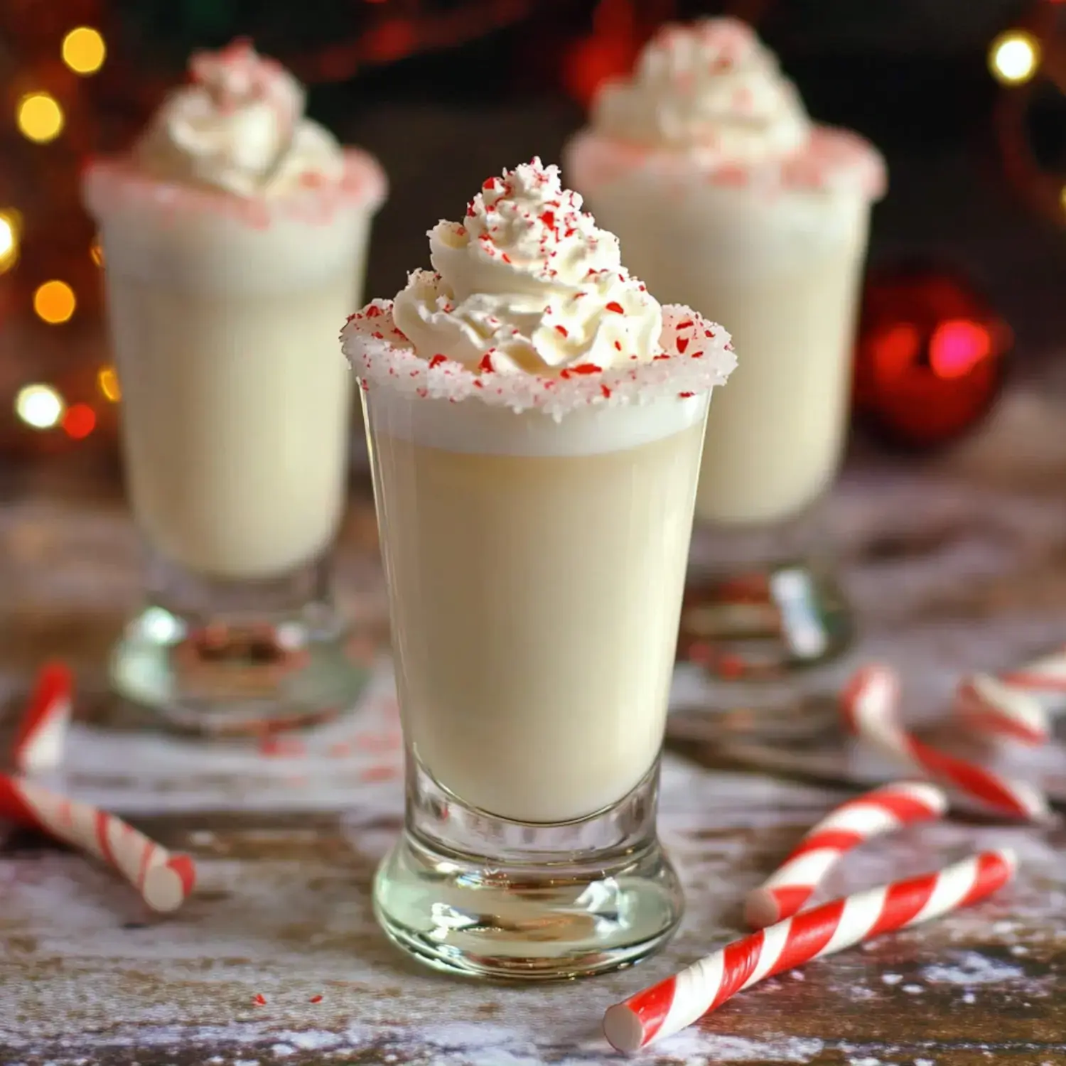 Three holiday glasses of creamy white drinks, topped with whipped cream and red candy crumbles, surrounded by candy canes on a glowing background.