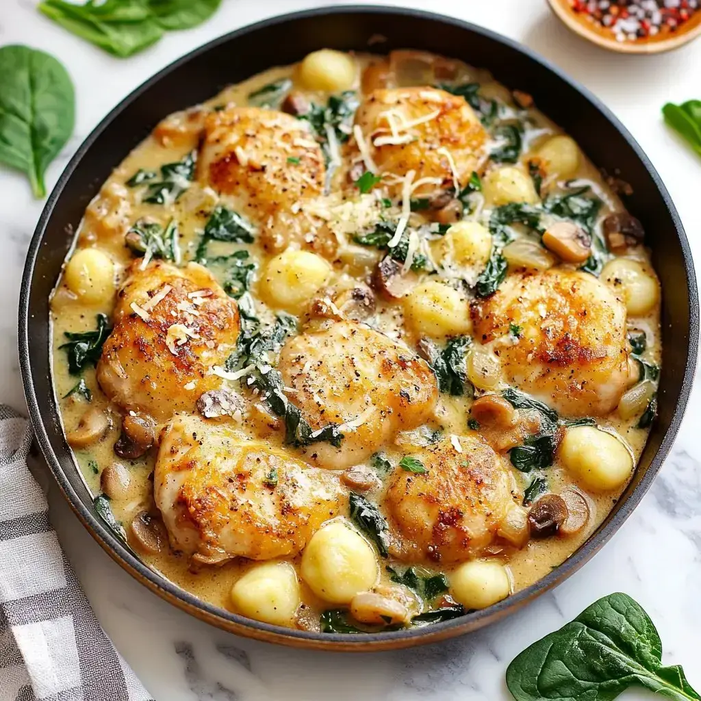 A skillet filled with tender chicken, gnocchi, spinach, and mushrooms in a creamy sauce topped with cheese.